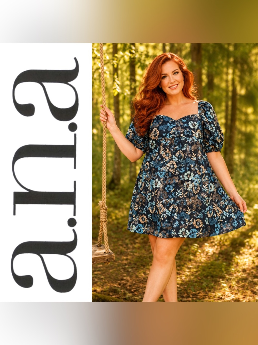 a.n.a A New Approach Black & Blue Boho Floral Puff Sleeve Mini Dress, Large, NWT